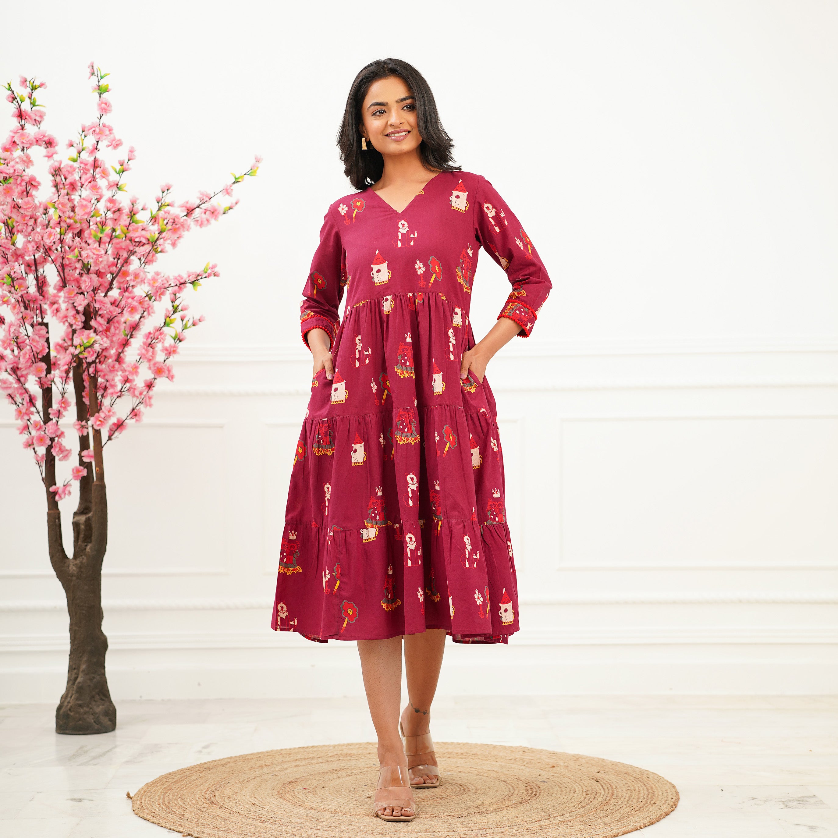 Pure Cotton Maroon Summer Casual Tiered Dress