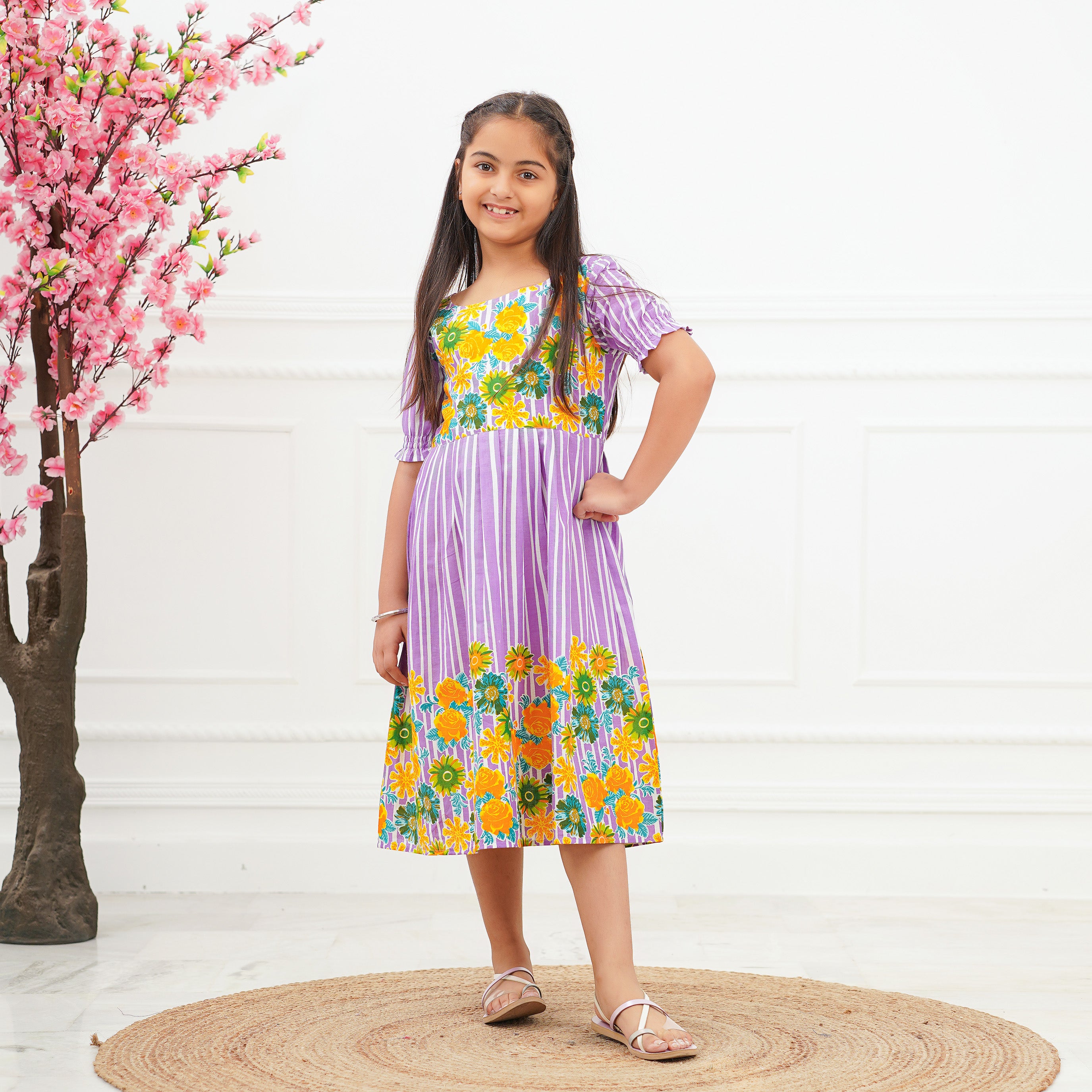 Purple Multi Flower Girl's Cotton Dress – Fashiana