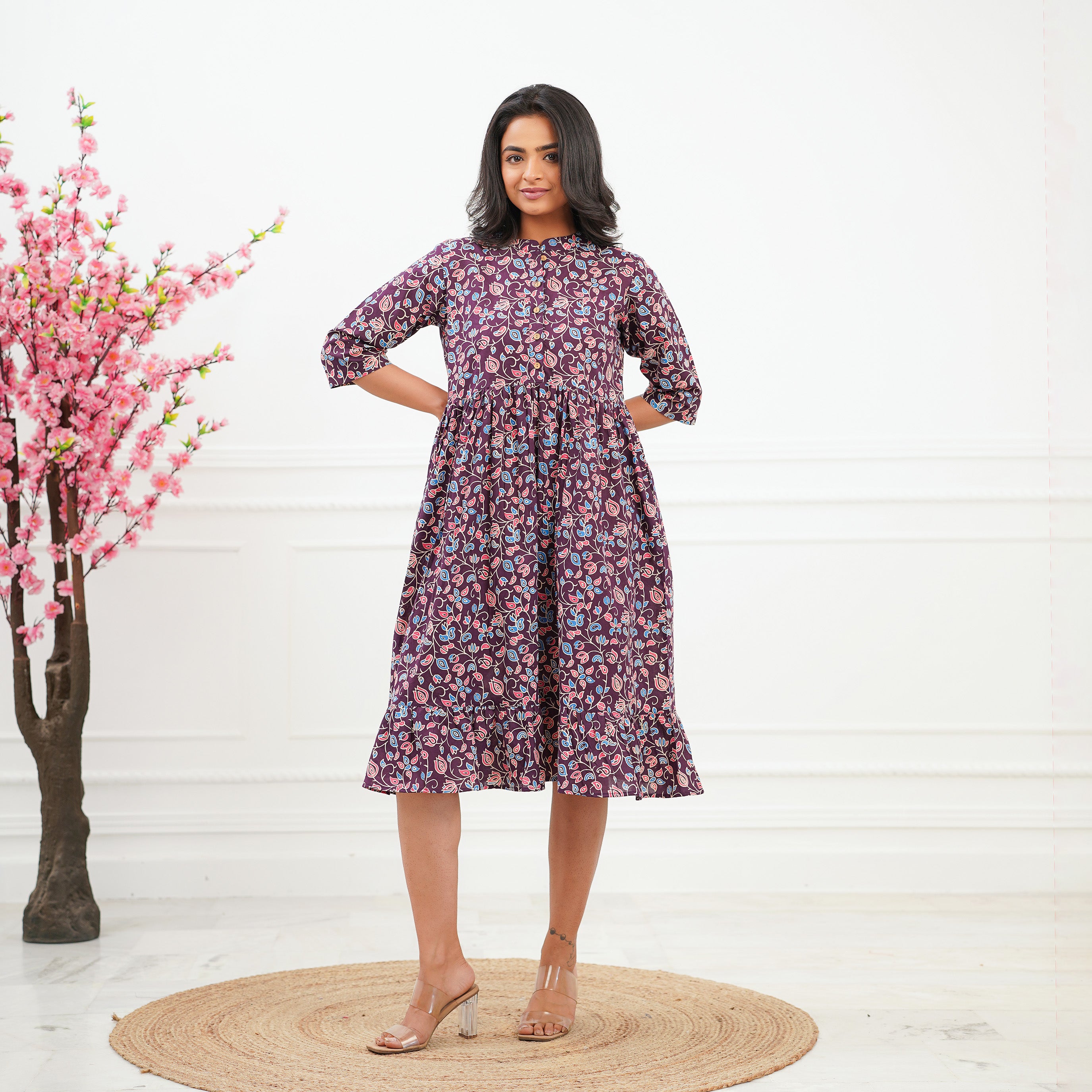 Purple Pure Cotton Floral Casual Summer Midi Dress