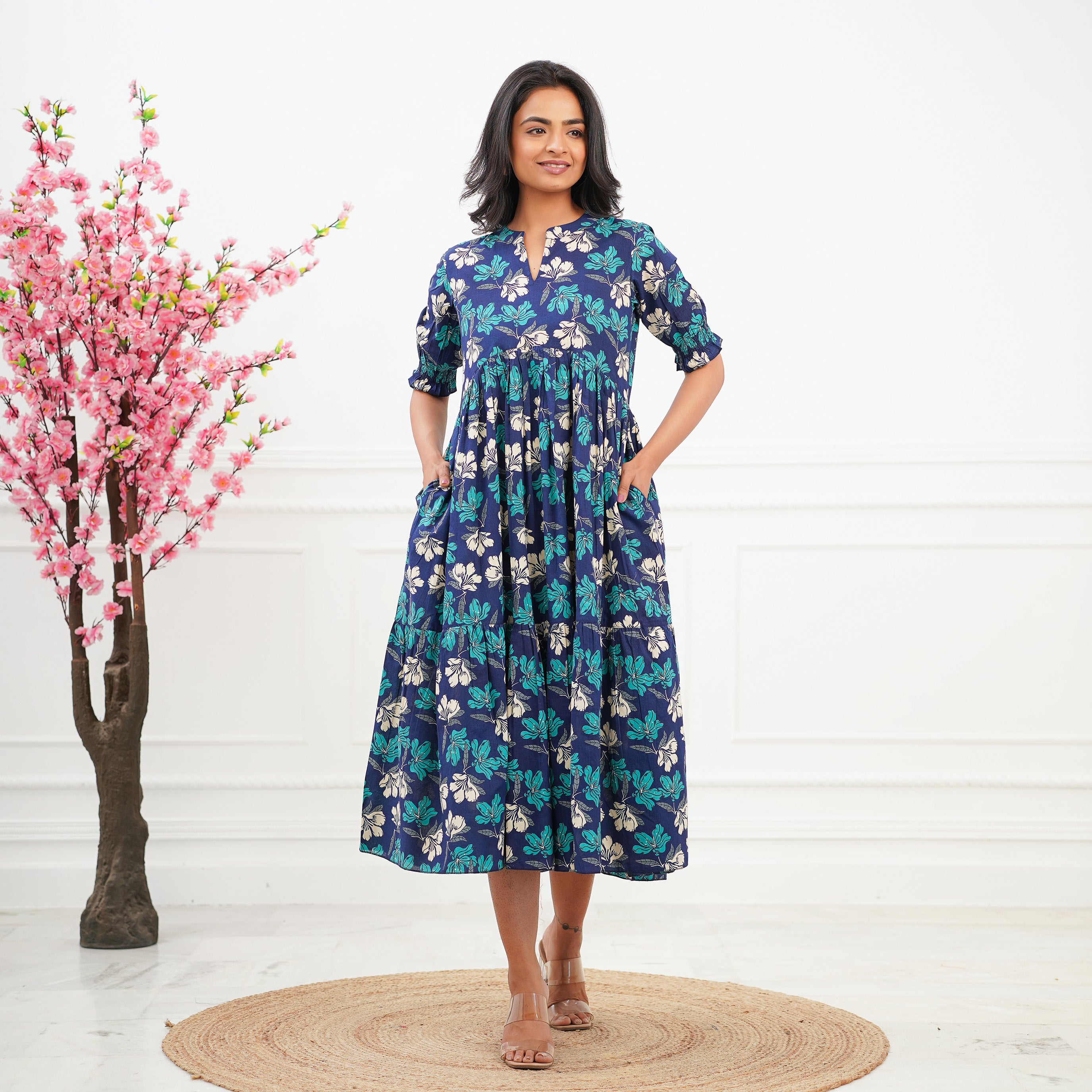 Twilight Floral Pure Cotton Summer Tiered Dress | Fashiana Medium Twilight Floral Pure Cotton Summer Tiered Dress | Fashiana Medium