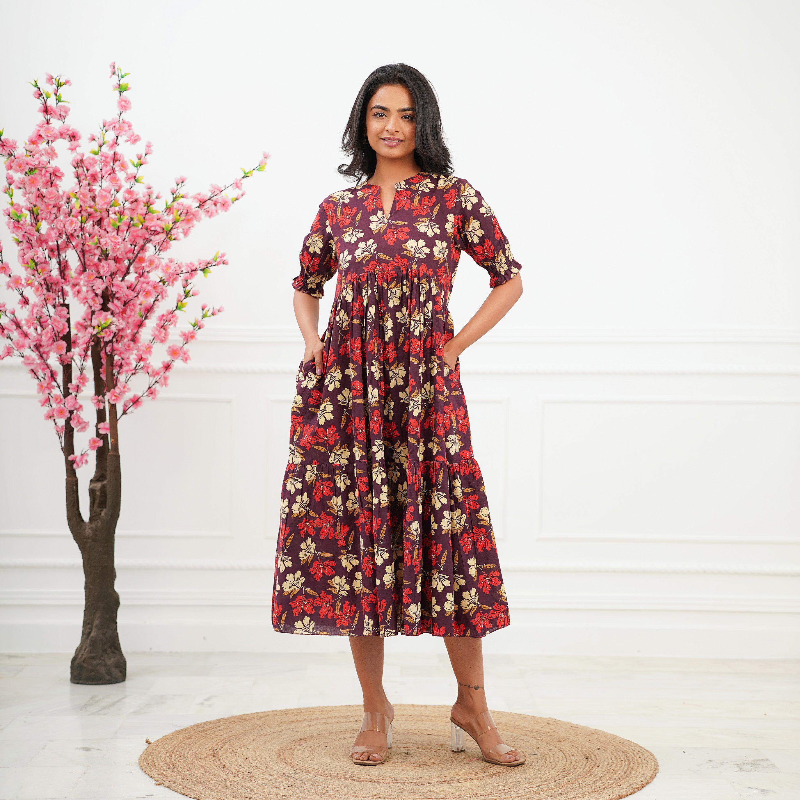 Brown Motif Printed Tiered Dress main image 0