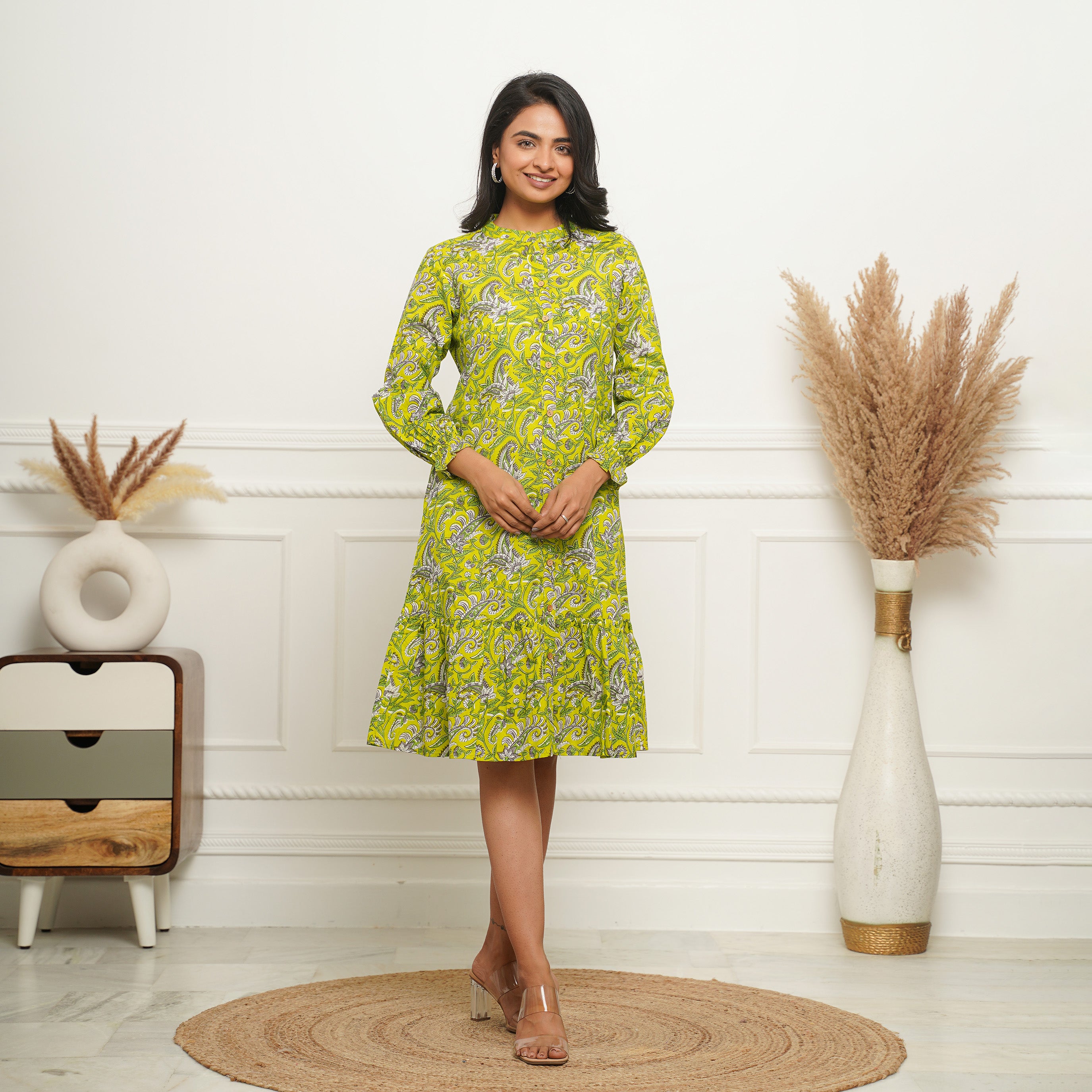 Lime Green Button Down Cotton Midi Dress with Pockets – Fashiana