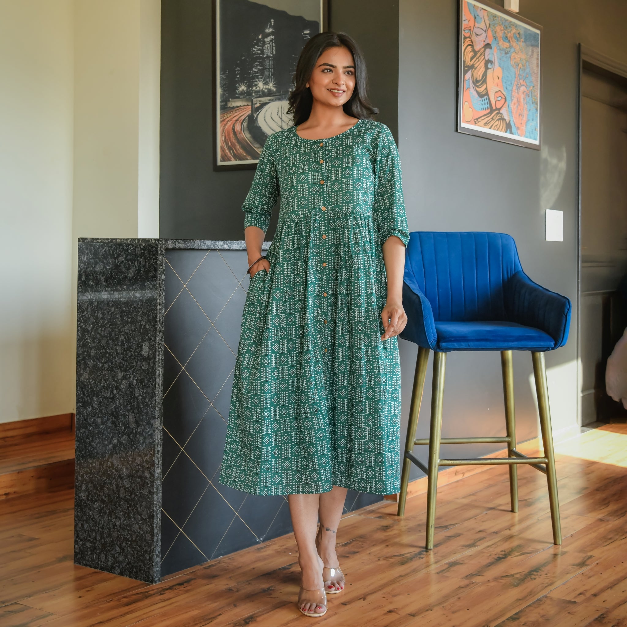 Geometric Green Button Down Dress With Pocket Fashiana