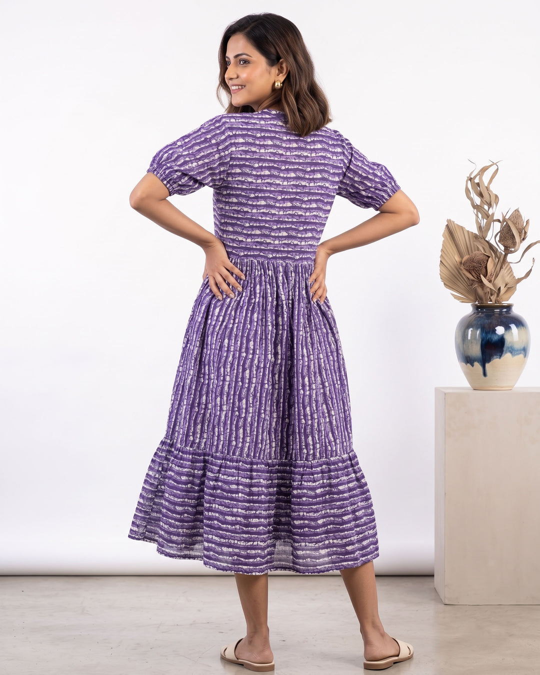 Purple Stripes Cotton Dress with Pockets