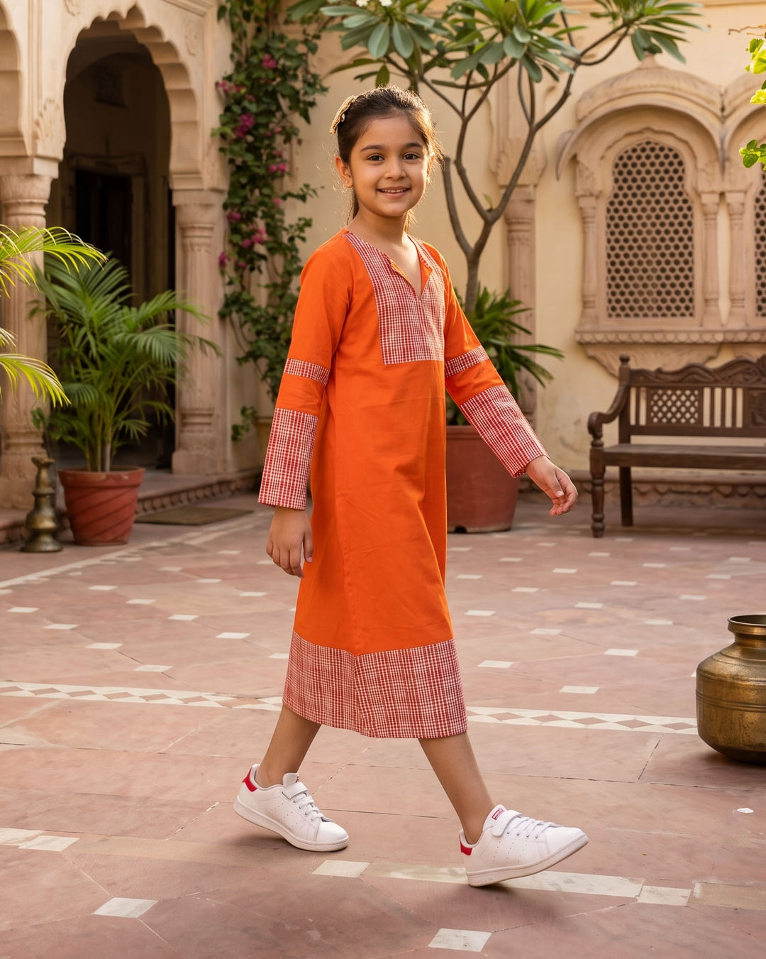 Orange Weave Cotton Girl's Dress
