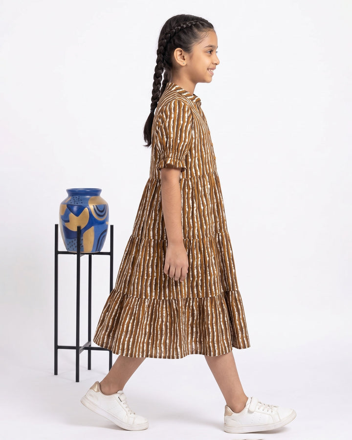 Brown Stripes Cotton Girl's Dress