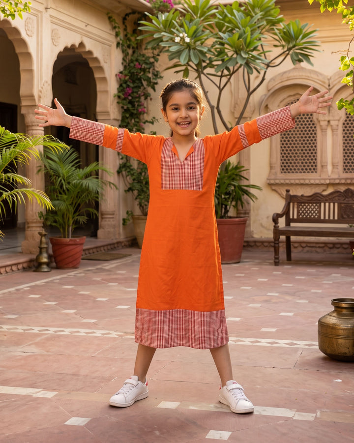 Orange Weave Cotton Girl's Dress