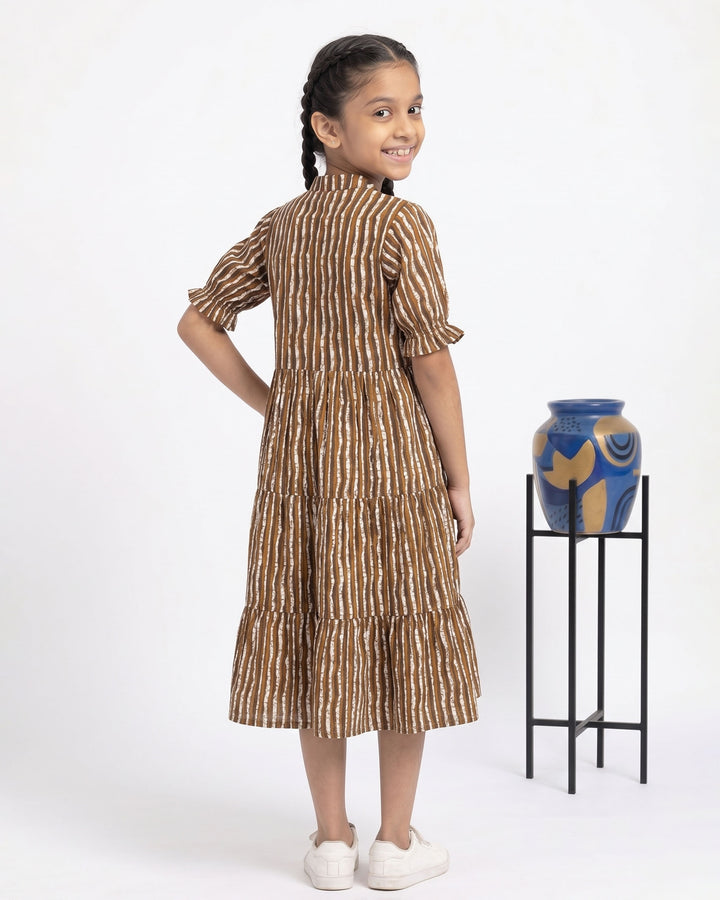 Brown Stripes Cotton Girl's Dress