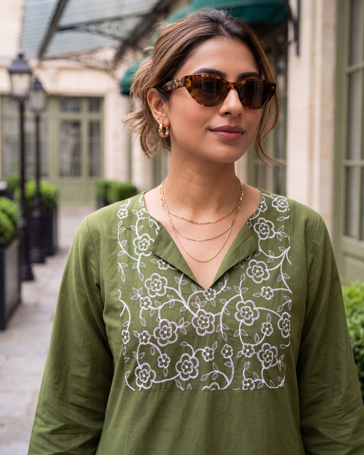 Olive Vine A-Line Embroidered Cotton Dress - with Pockets
