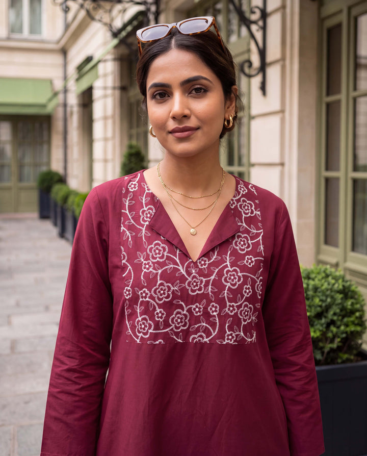 Garnet Vine A-Line Embroidered Cotton Dress - with Pockets