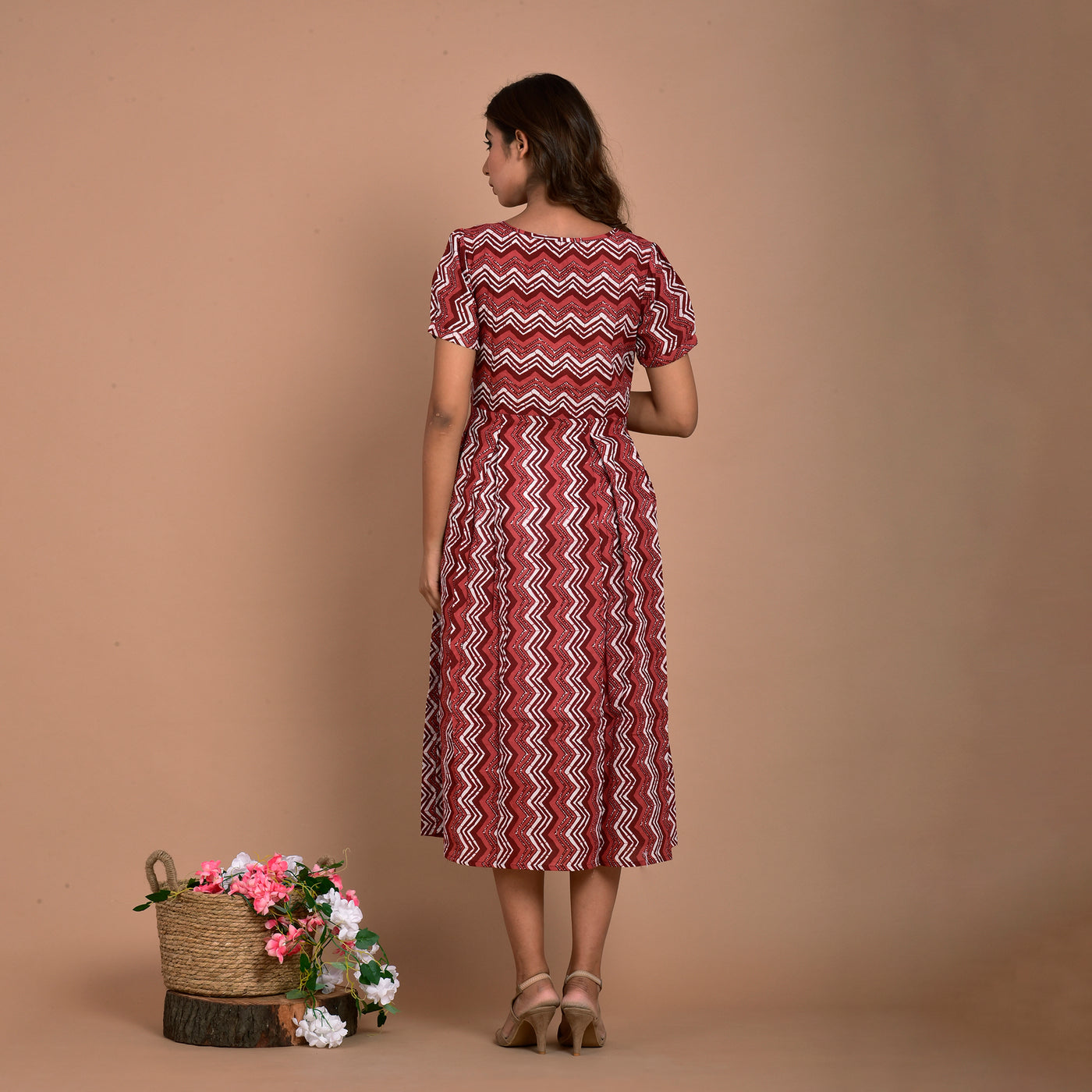 Brown Leheria Pin Tucks Cotton Midi Dress