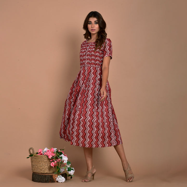 Brown Leheria Pin Tucks Cotton Midi Dress