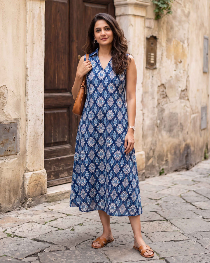 Blue Ikat Print Cotton Dress - with Pockets