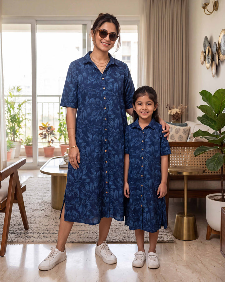 Blue Botanica Mom and Daughter Cotton Dresses