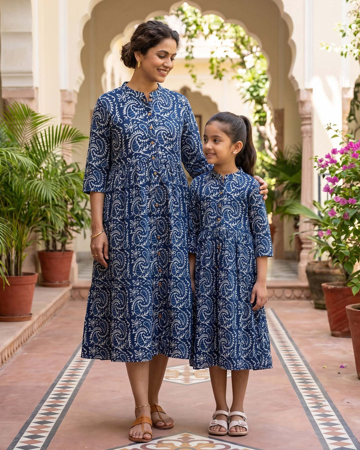 Indigo Kery Mom and Daughter Cotton Dresses