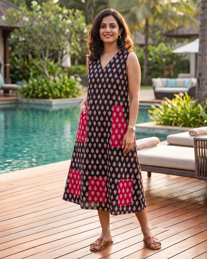 Ajrakh Fusion Cotton Dress - with Pockets
