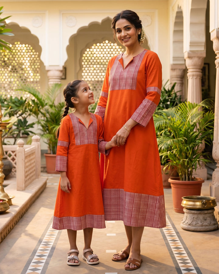 Orange Weave Mom and Daughter Cotton Dresses
