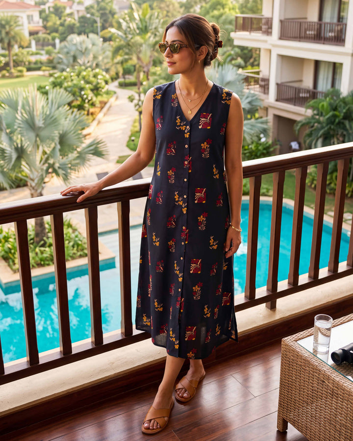 Midnight motif A-Line Cotton Dress - with Pockets
