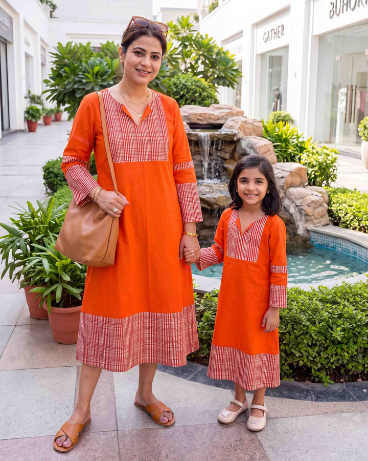 Orange Weave Mom and Daughter Cotton Dresses