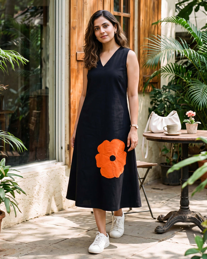 Tangerine Bloom Cotton Dress - with Pockets