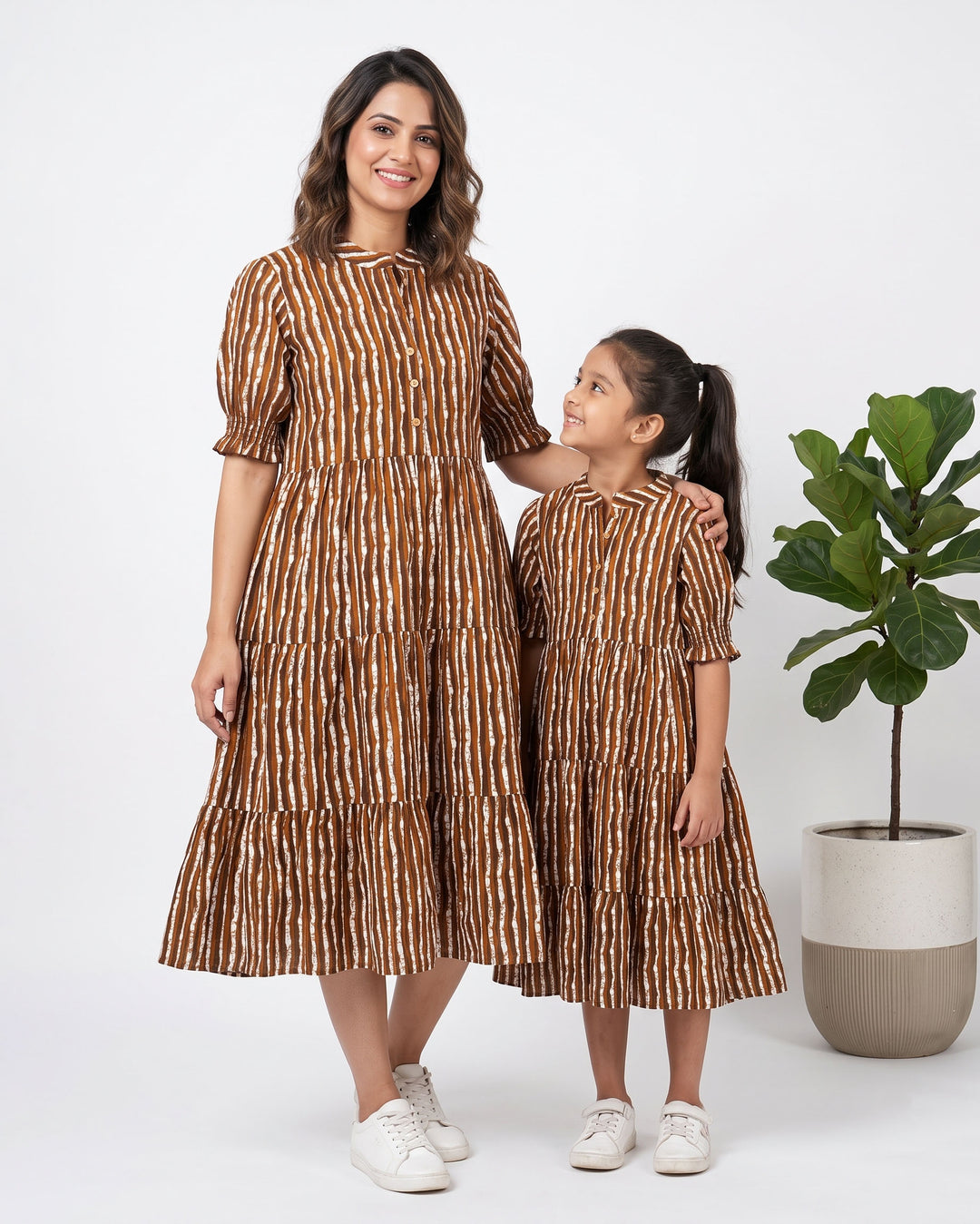 Brown Stripes Mom and Daughter Dresses