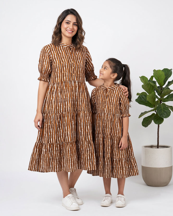 Brown Stripes Mom and Daughter Dresses