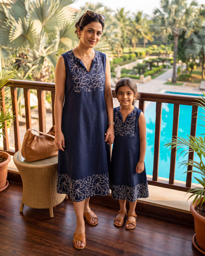 Navy Grace Mom and Daughter Cotton Dresses