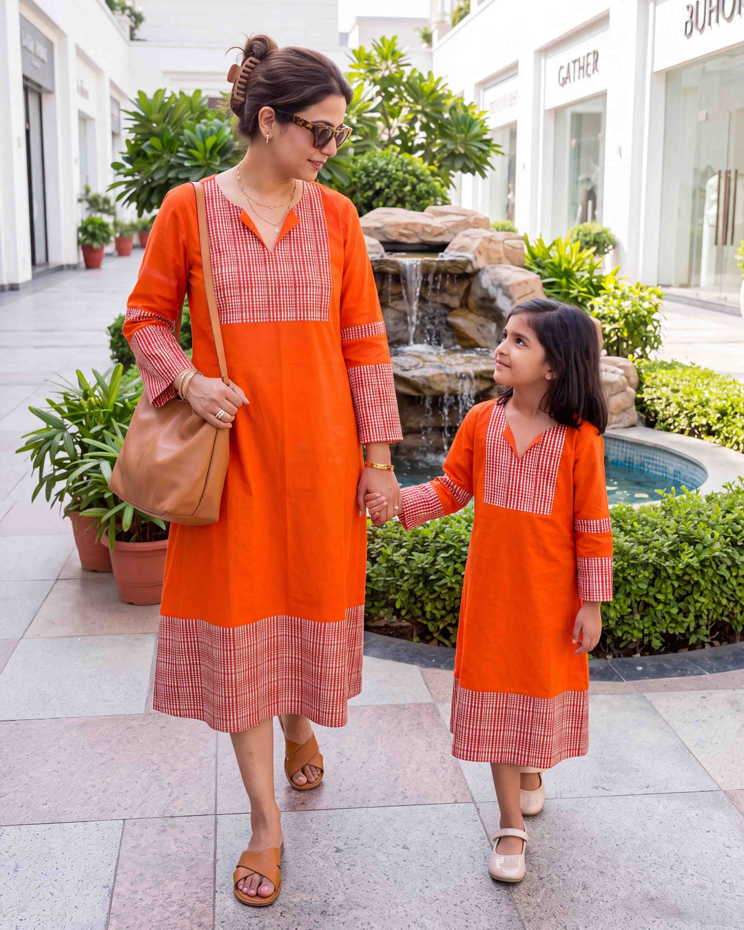 Orange Weave Mom and Daughter Cotton Dresses