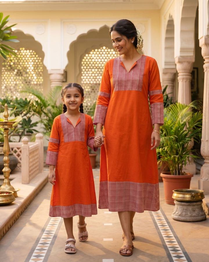 Orange Weave Mom and Daughter Cotton Dresses