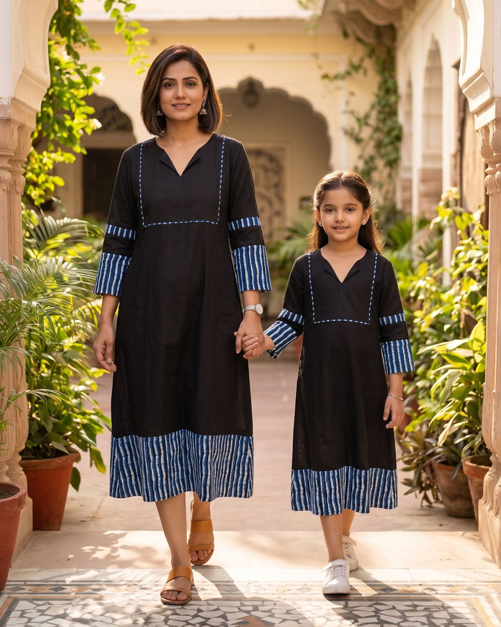 Indigo Noir Mom and Daughter Cotton Dresses