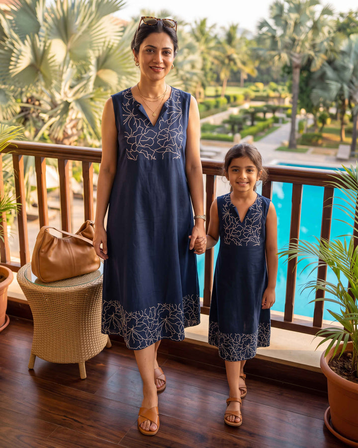 Navy Grace Mom and Daughter Cotton Dresses