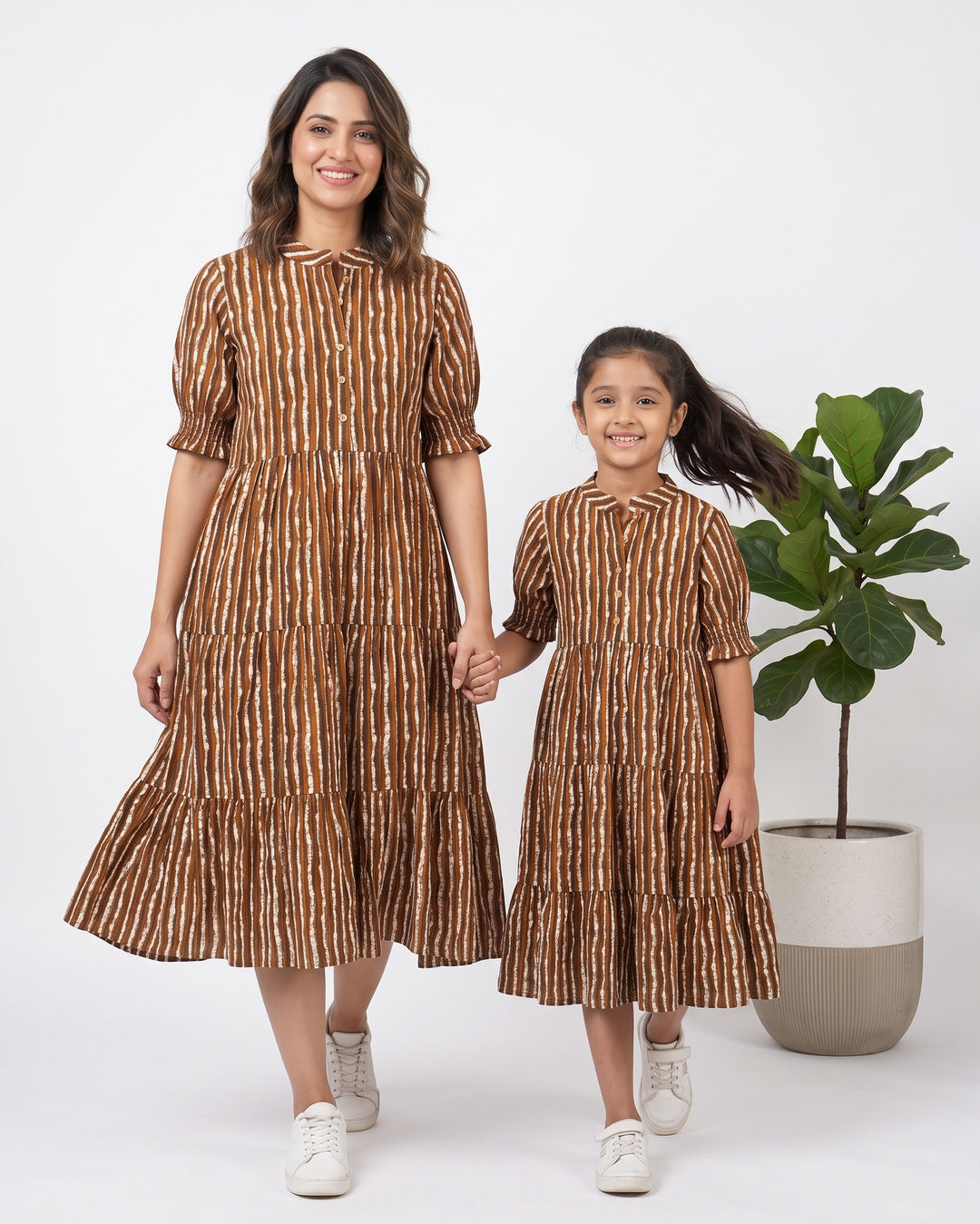 Brown Stripes Mom and Daughter Dresses