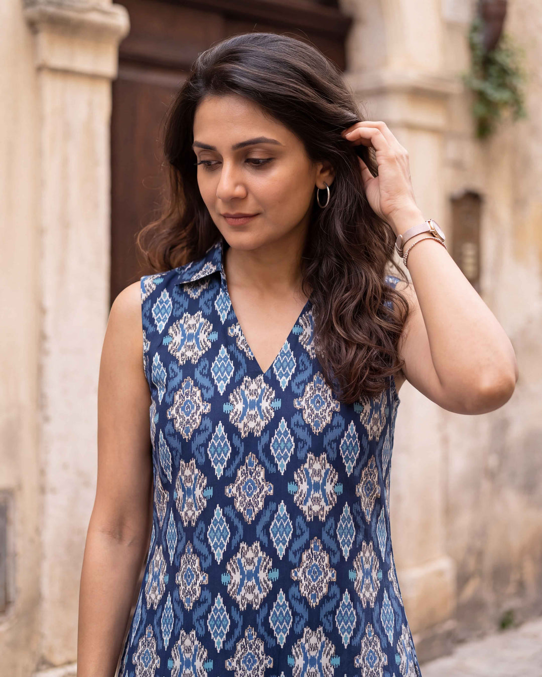 Blue Ikat Print Cotton Dress - with Pockets
