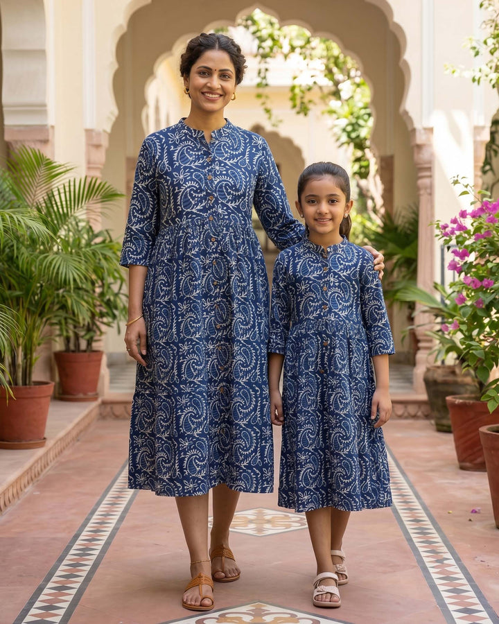 Indigo Kery Mom and Daughter Cotton Dresses