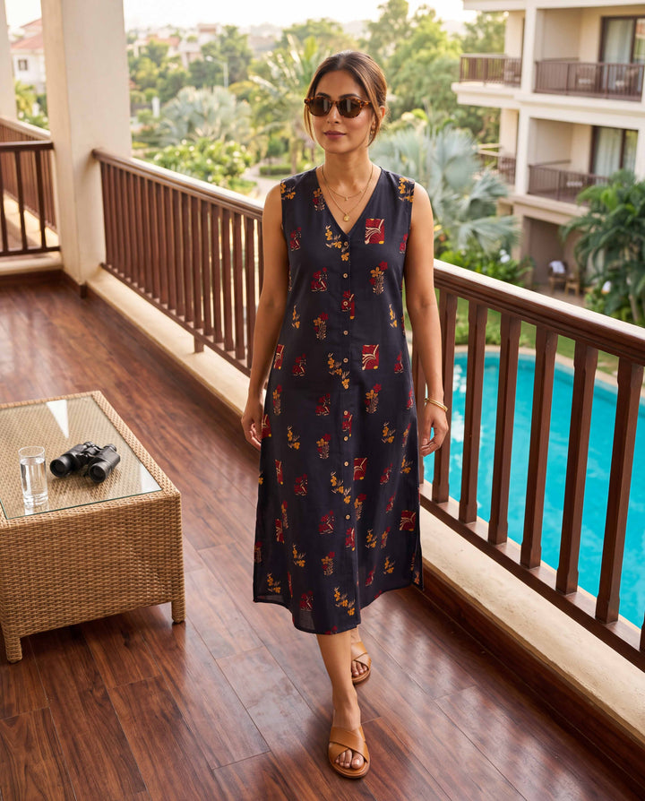 Midnight motif A-Line Cotton Dress - with Pockets