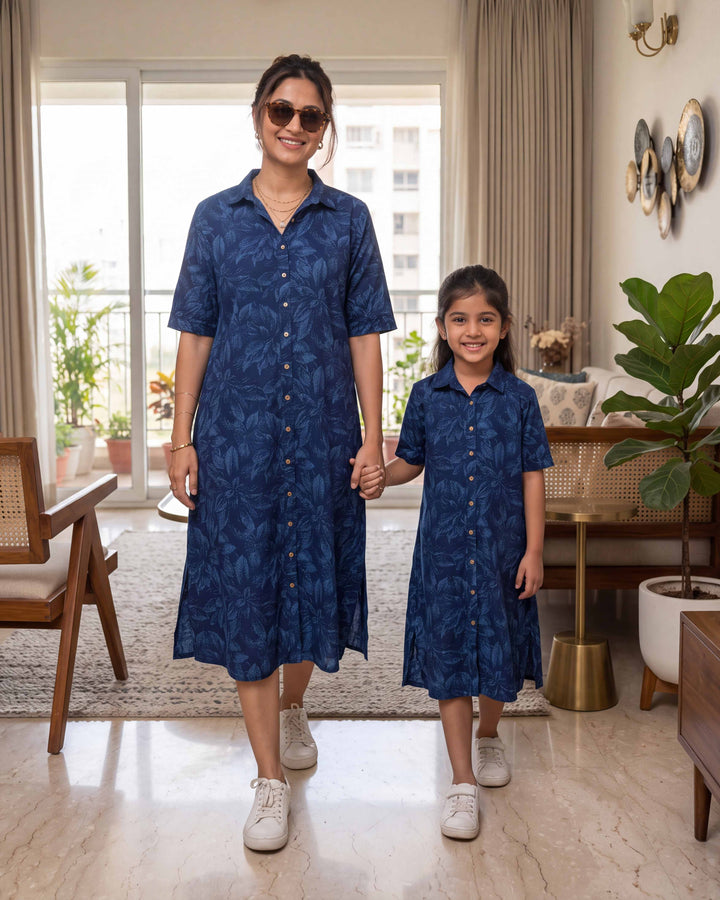 Blue Botanica Mom and Daughter Cotton Dresses