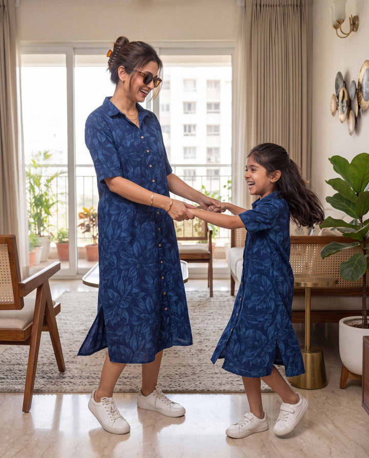 Blue Botanica Mom and Daughter Cotton Dresses