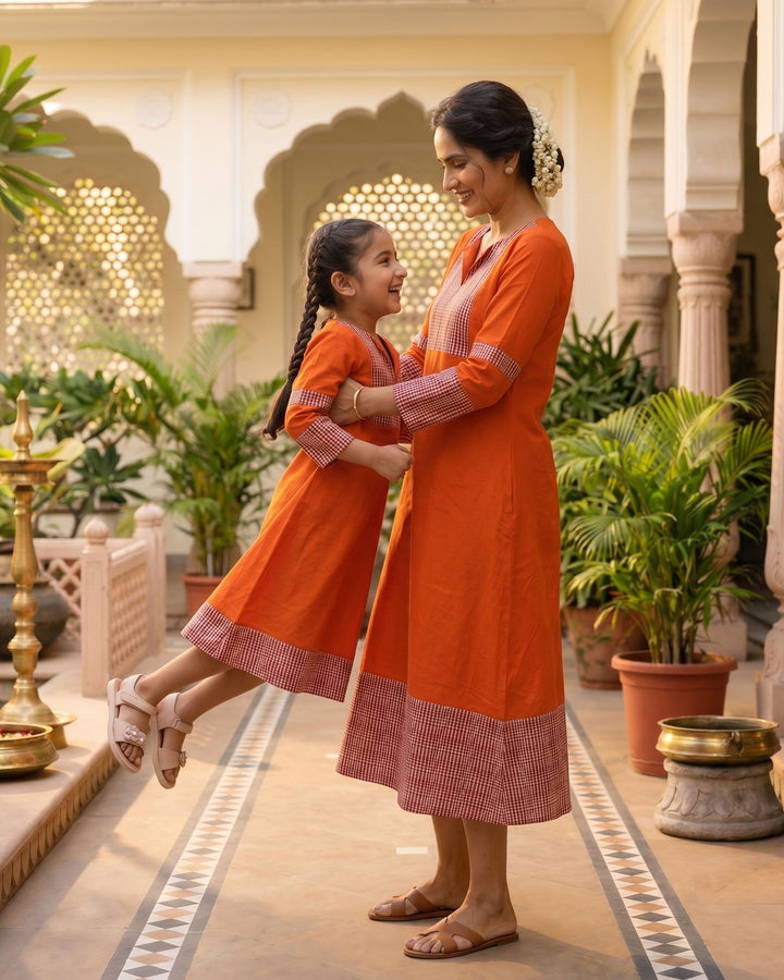 Orange Weave Mom and Daughter Cotton Dresses