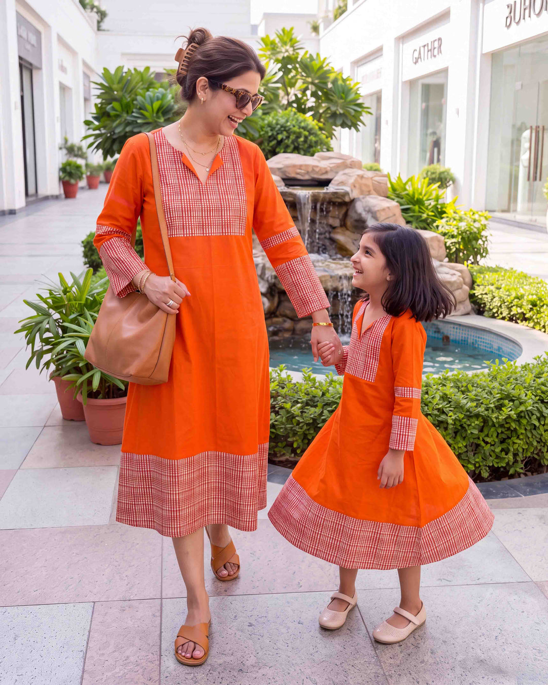 Orange Weave Mom and Daughter Cotton Dresses