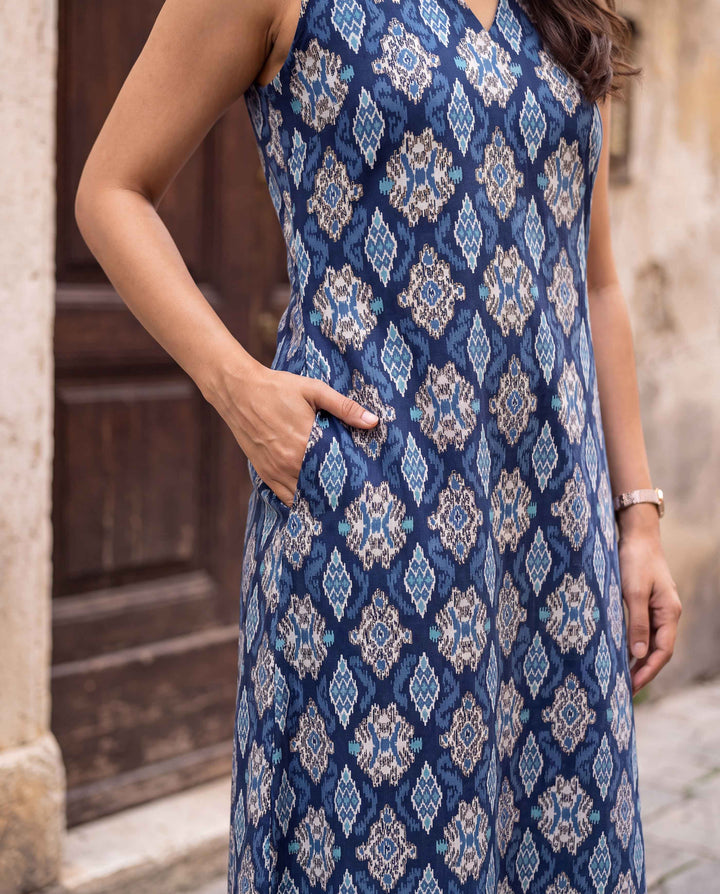 Blue Ikat Print Cotton Dress - with Pockets