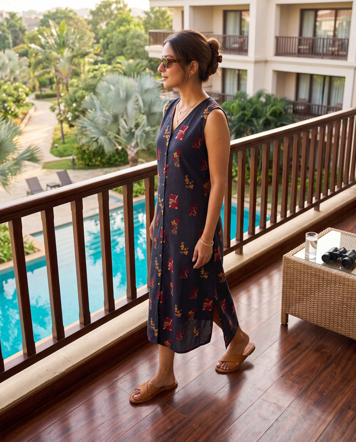 Midnight motif A-Line Cotton Dress - with Pockets