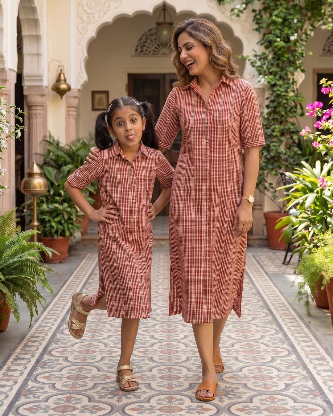 Rust Charm Mom and Daughter Cotton Dresses