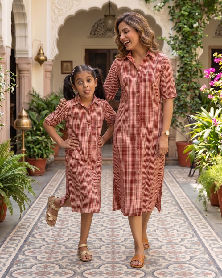 Rust Charm Mom and Daughter Cotton Dresses