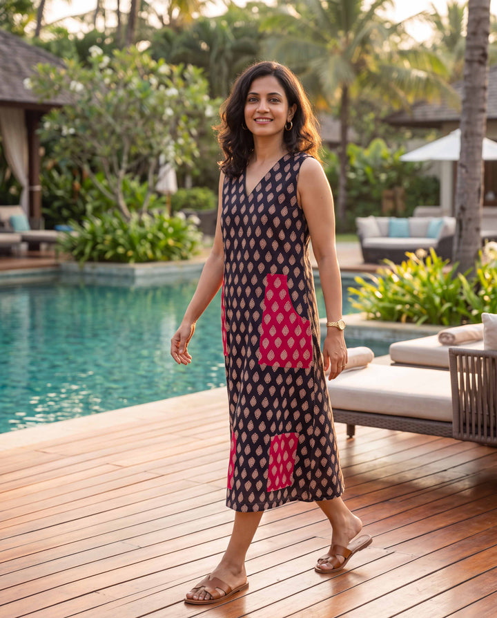 Ajrakh Fusion Cotton Dress - with Pockets