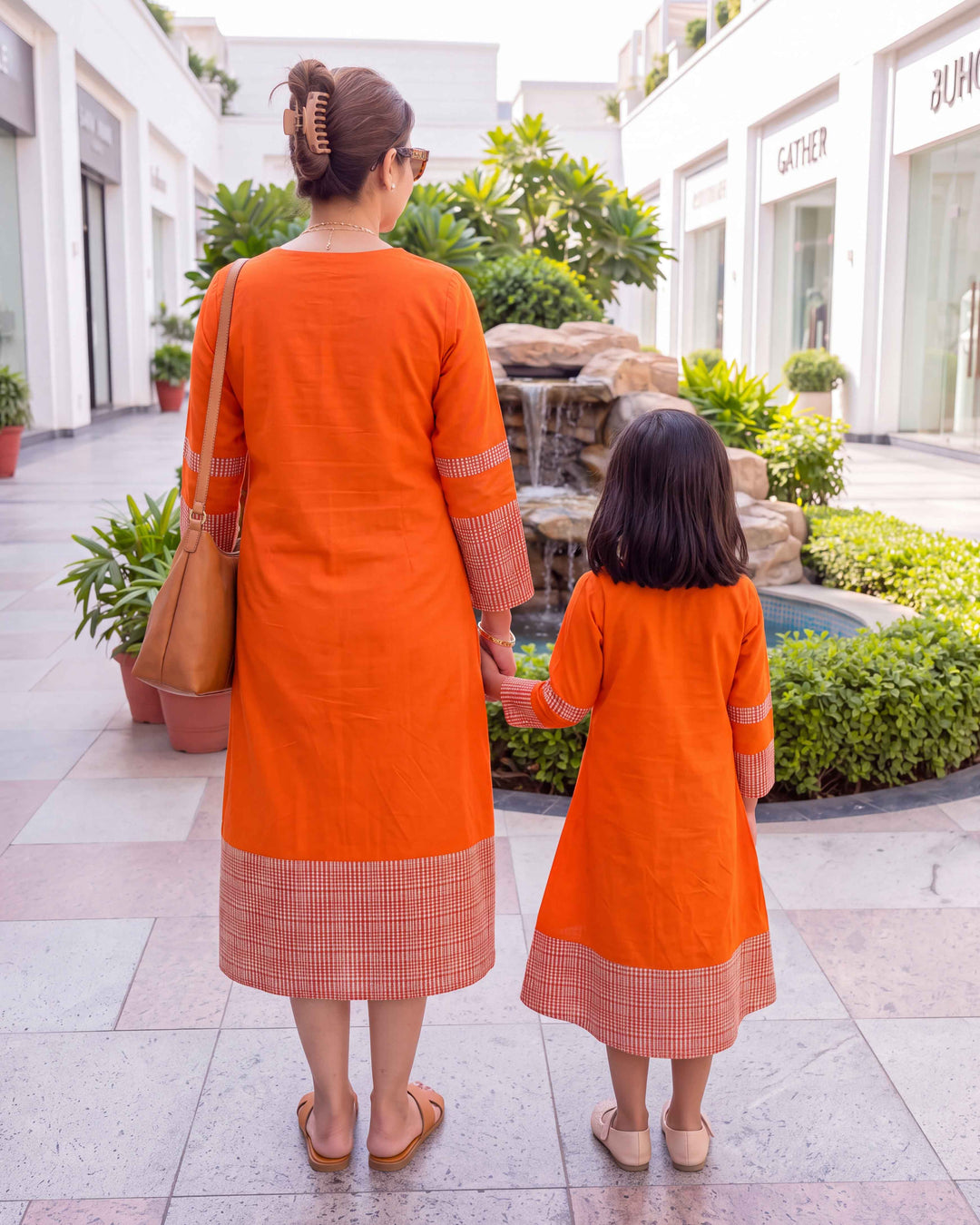 Orange Weave Mom and Daughter Cotton Dresses