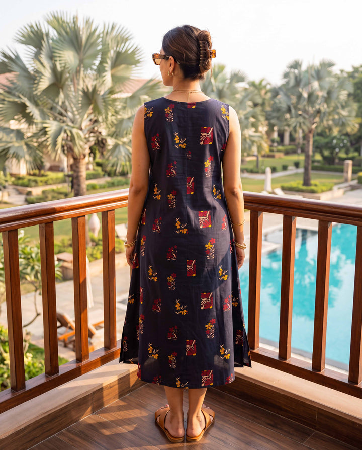 Midnight motif A-Line Cotton Dress - with Pockets