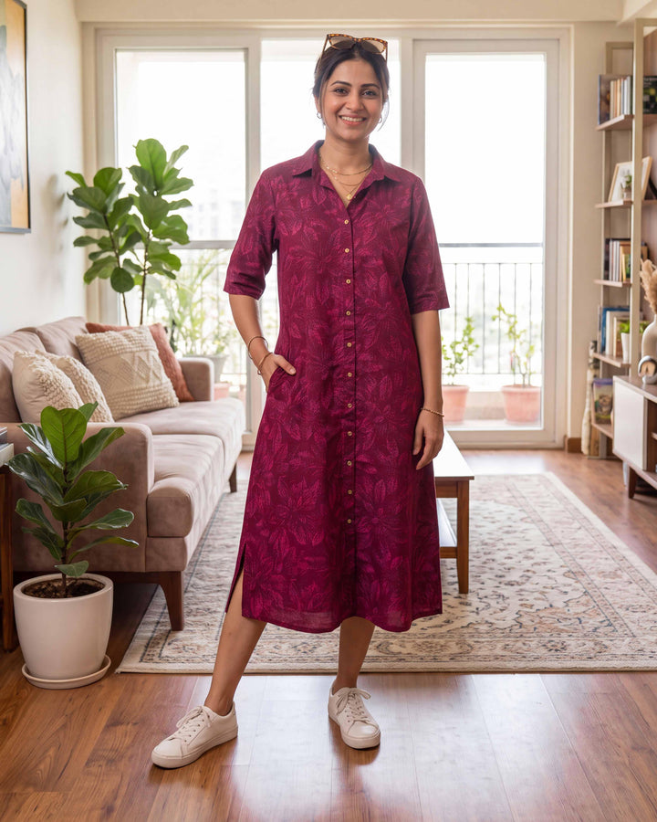 Wine Botanica A-Line Cotton Shirt Dress - with Pockets