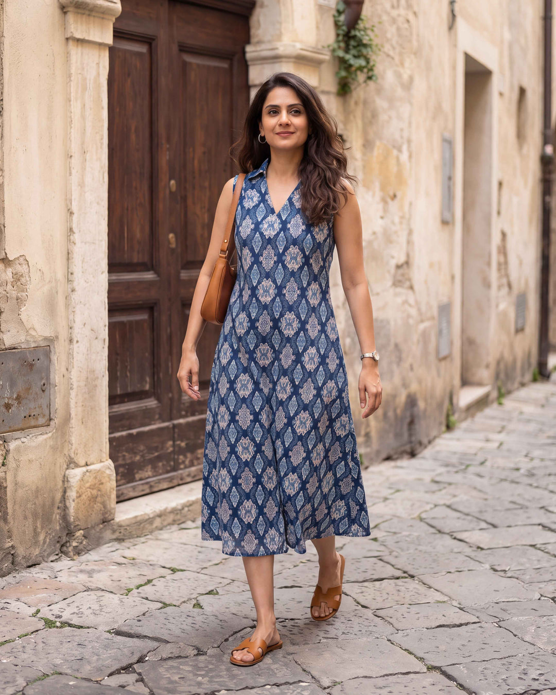Blue Ikat Print Cotton Dress - with Pockets