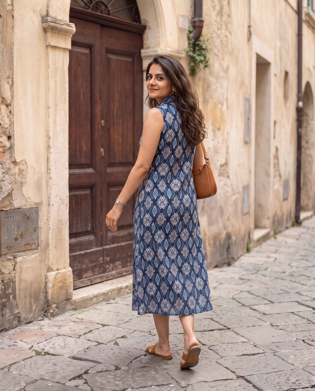 Blue Ikat Print Cotton Dress - with Pockets