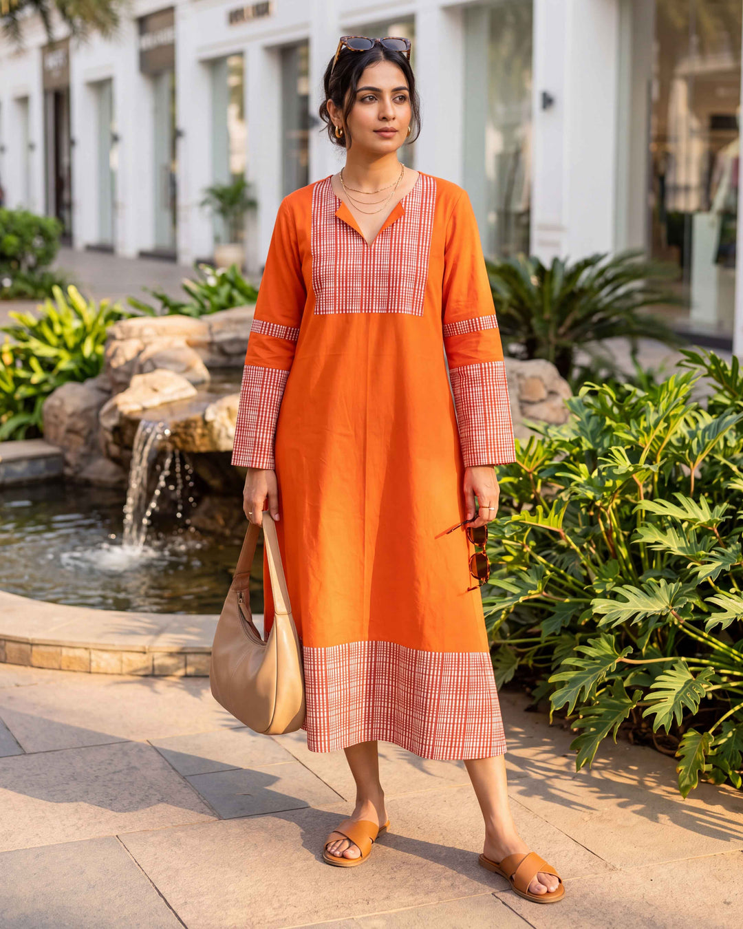 Orange Weave A-Line Cotton Dress - with Pockets